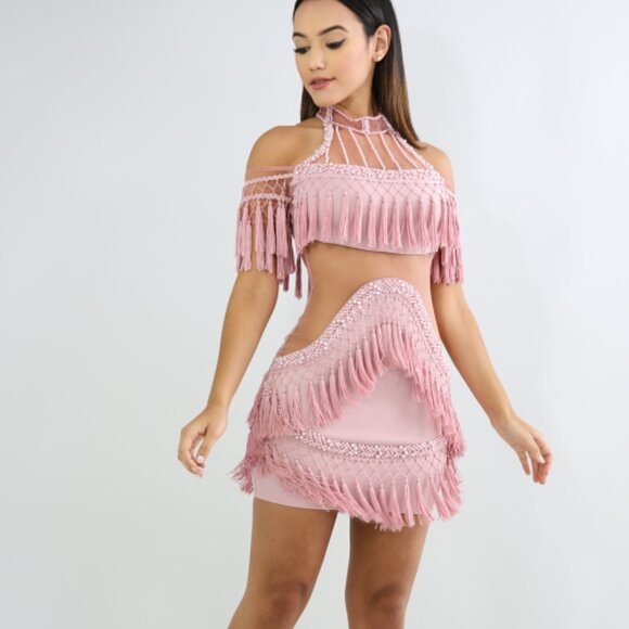 Pink Off the Shoulder Pearl Fringe Tassel Body-Con Halter Short Dress - Picture 2 of 10